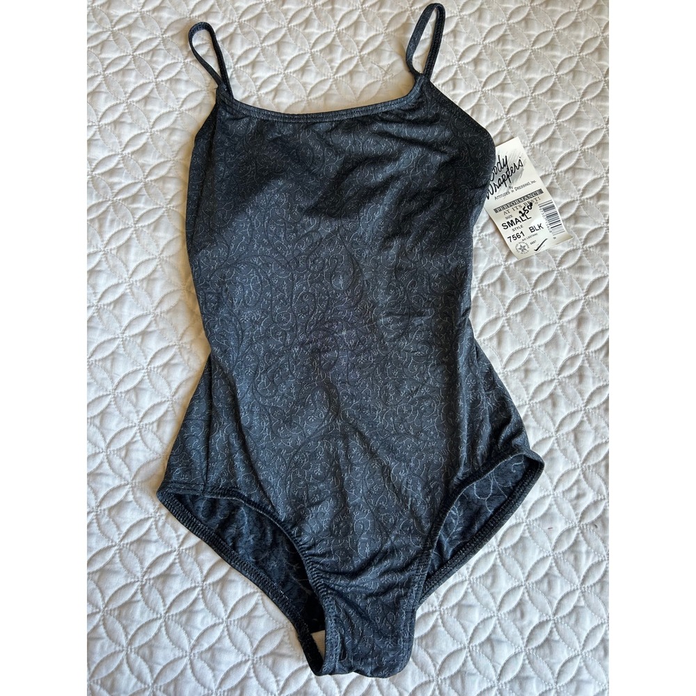 Vintage Body Wrappers Womens Black Scroll Jacquard Camisole Leotard Strappy S